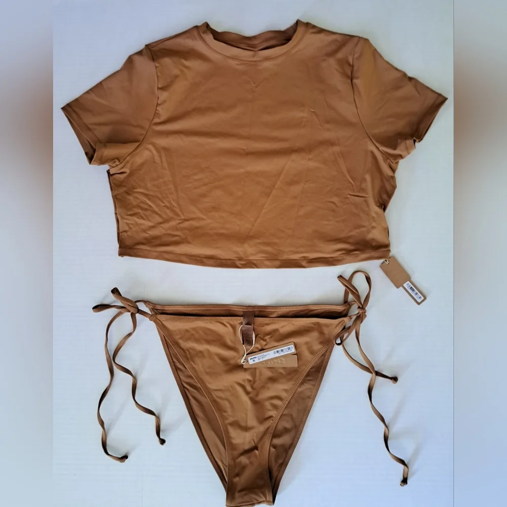 ❤️NWT SKIMS 2 Piece Swim T Shirt Top Dippy tie String Bikini Set Nude ALMOND 3X